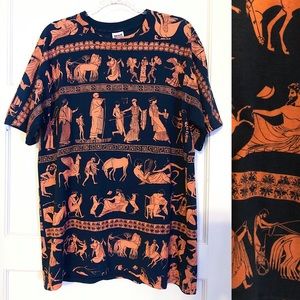 Greek Grecian orange black heiroglyphics tee size large